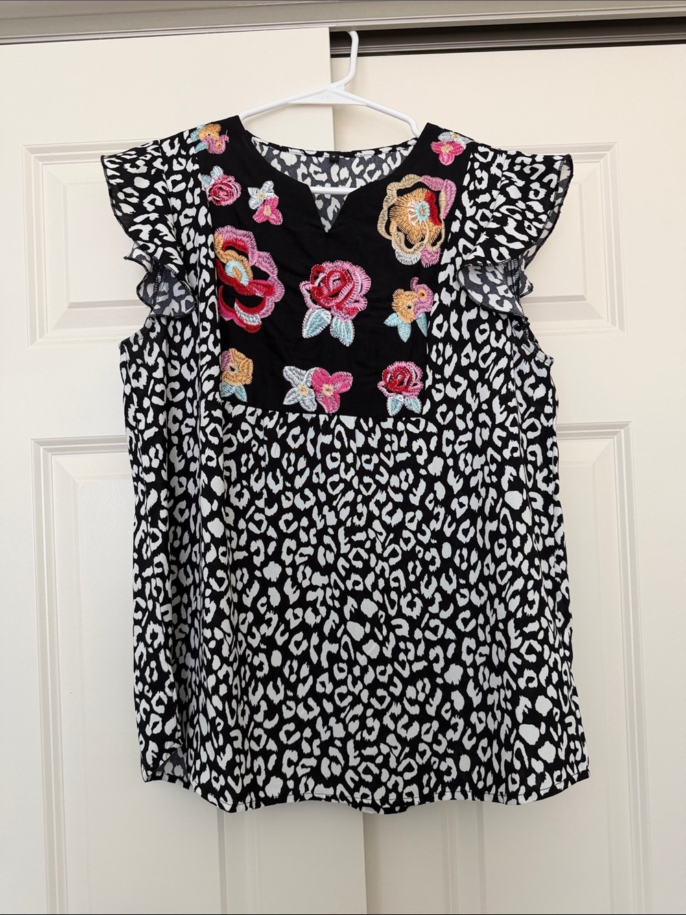 Johnny Was Black & White Leopard Print Embroidered Floral Top